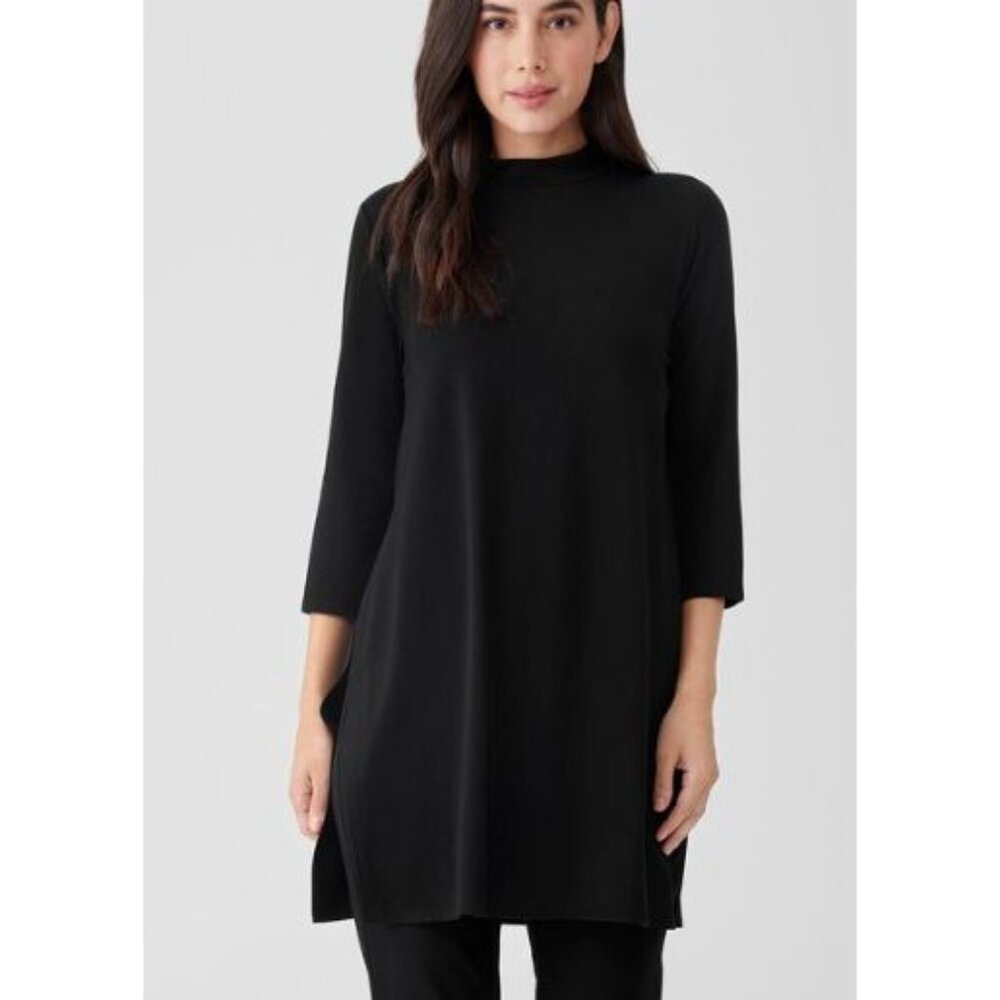 EILEEN FISHER black stretch jersey mock neck tunic size S